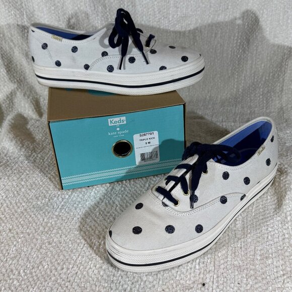 Keds & Kate Spade White and Blue Glitter dot Platform Sneakers, Size 9M, EUC - Picture 1 of 8